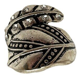 Boho Chic Leaf Motif Wrap Ring Distressed Silver Tone Rhinestones Whimsy Fairy
